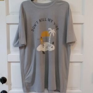 "Don't Kill My Vibe" Halloween Graphic Tee Skeleton On Beach W/ Palm Tree Gray"